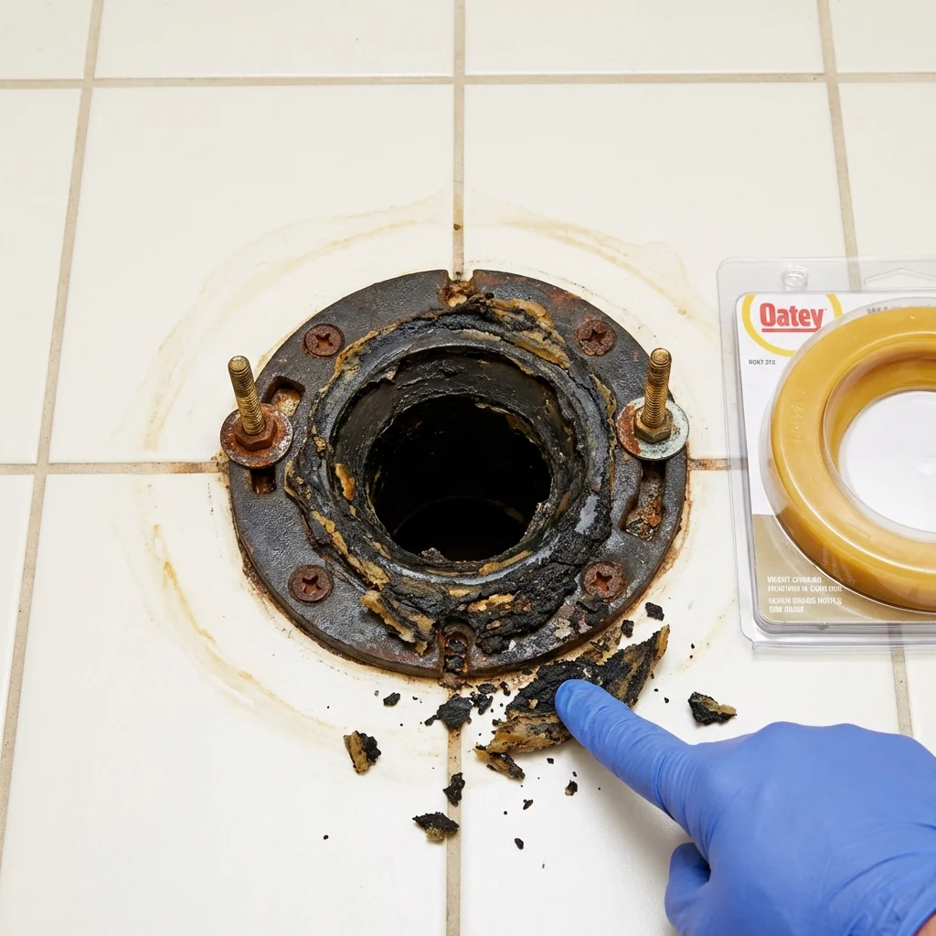 Failed wax ring showing water seepage at the base of a toilet in a Deer Park, NY home