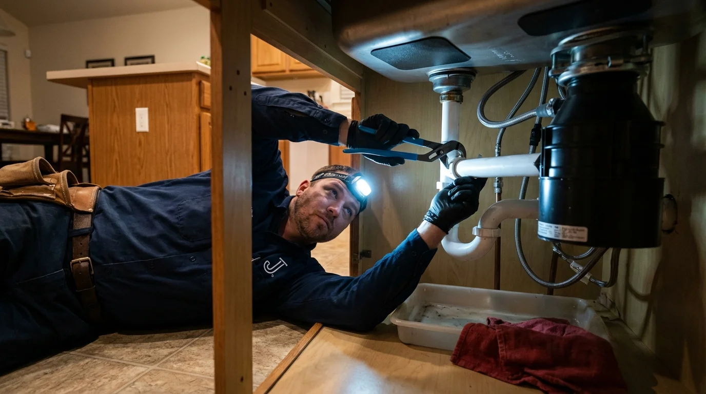P-trap and supply line connections under a kitchen sink showing a common leak point in Deer Park, NY